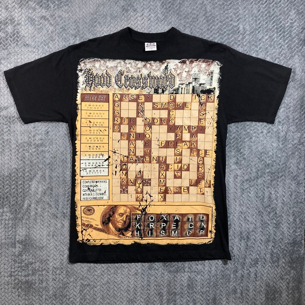 Pro Power T-Shirt Mens XL Hood Crossword Black Graphic Heavy Cotton EUC